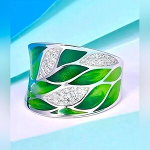 NWT Silver Wide Band Enamel Ring Vibrant Blue & Green Leaves CZ Accent. Sz. 9
